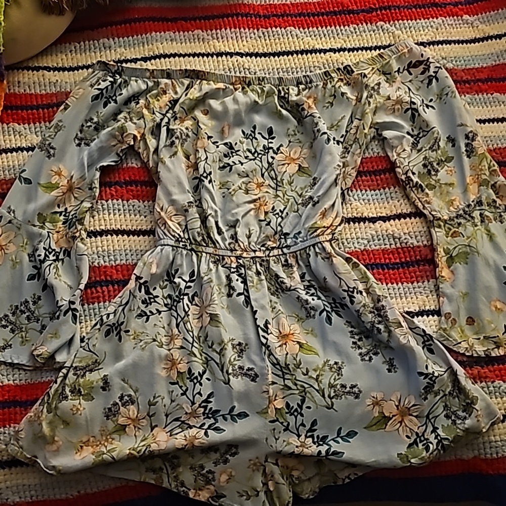 Brand is No Comment, size L, blue floral romper.